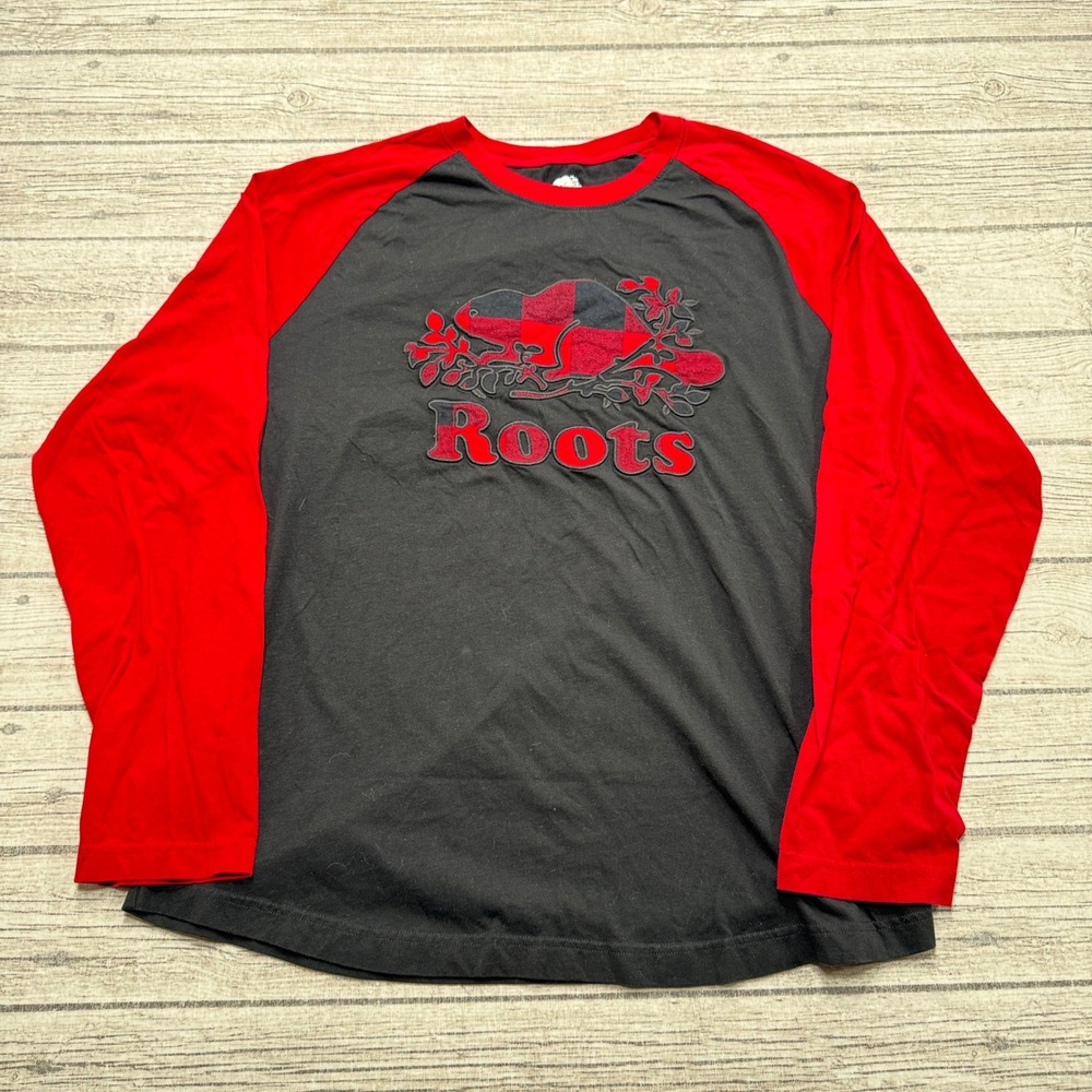 Roots Baseball T-Shirt Men's XL Black Raglan Sleeve Classic Fit Athletic Cotton